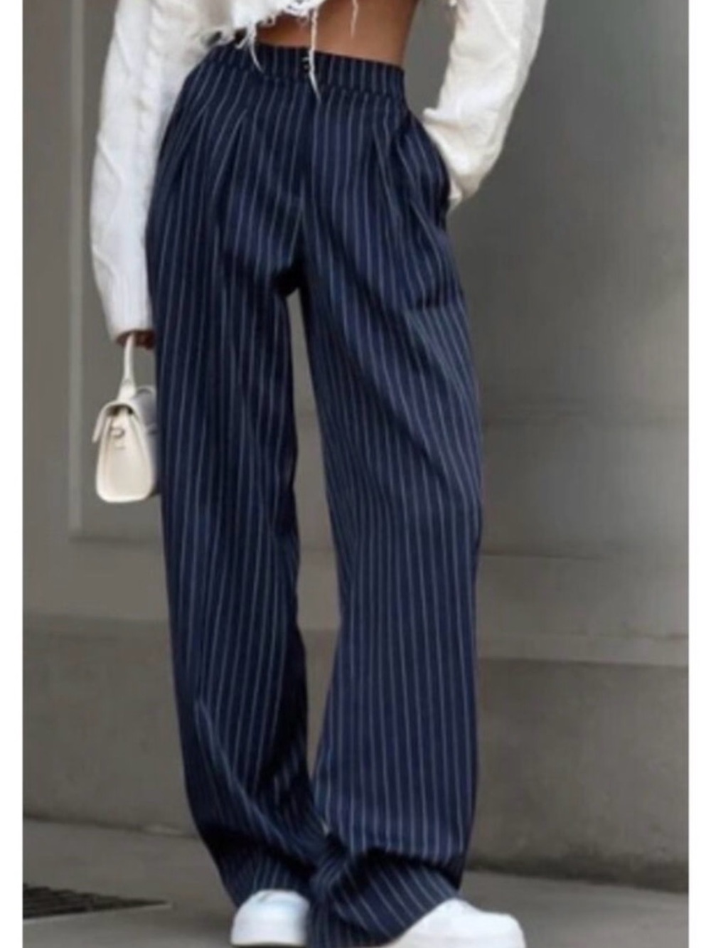 Commense Navy Pinstripe Wide-Leg Trousers